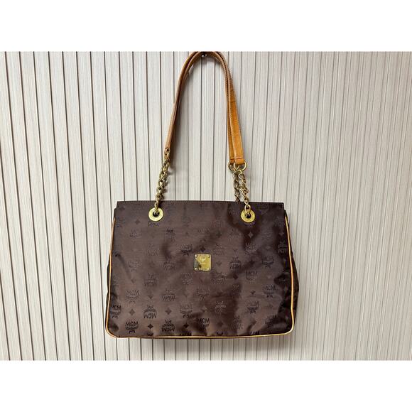 MCM Visetos Nylon Leather Logo Shoulder Tote Bag Brown Large Chain Straps - Picture 2 of 16